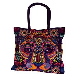 Hand-Embroidered Jaguar Tote Bag Chiapas Mexico | Mexican Textile Art Boho Bag